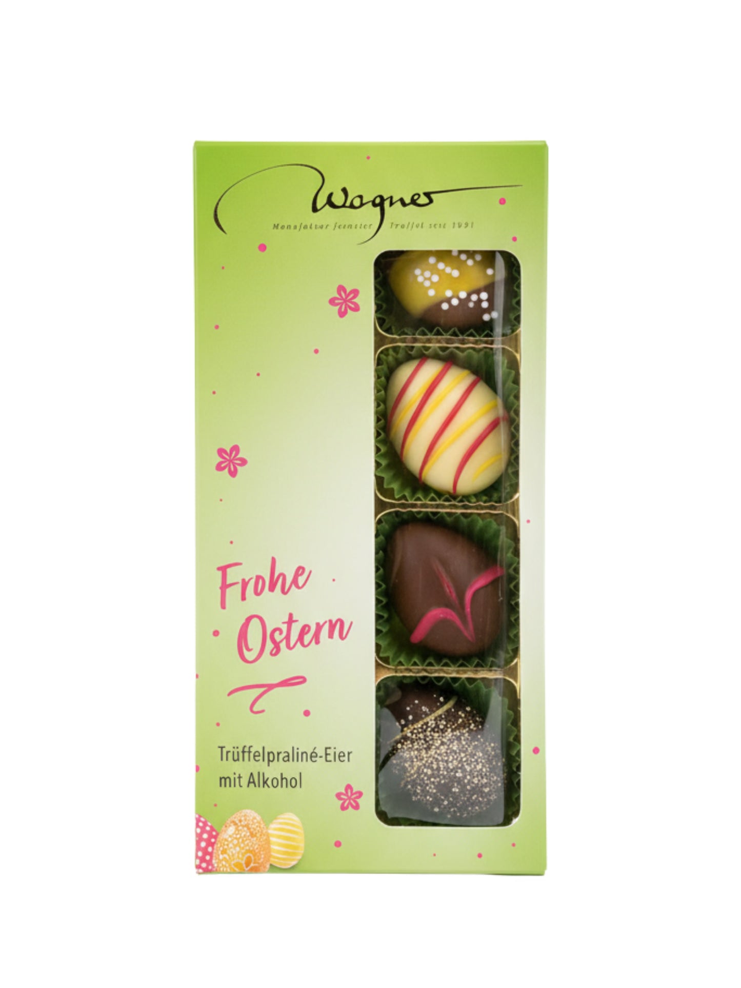Wagner Mini-Trüffelpraliné-Eier mit Alkohol 100g mit Ostermotiven, erhältlich in der Dreyer Confiserie in Hameln