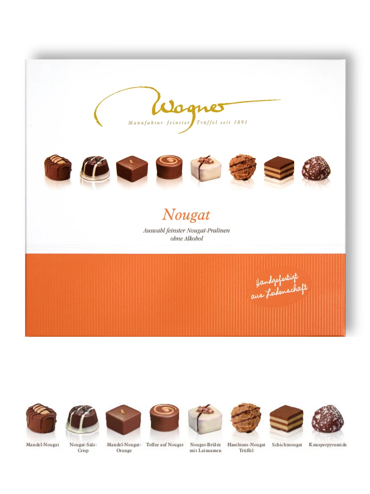 Wagner Pralinen Nougat Pralinés ohne Alkohol 190g in Zartbitter-, Vollmilch- und weißer Schokolade erhältlich in der Dreyer Confiserie Hameln.