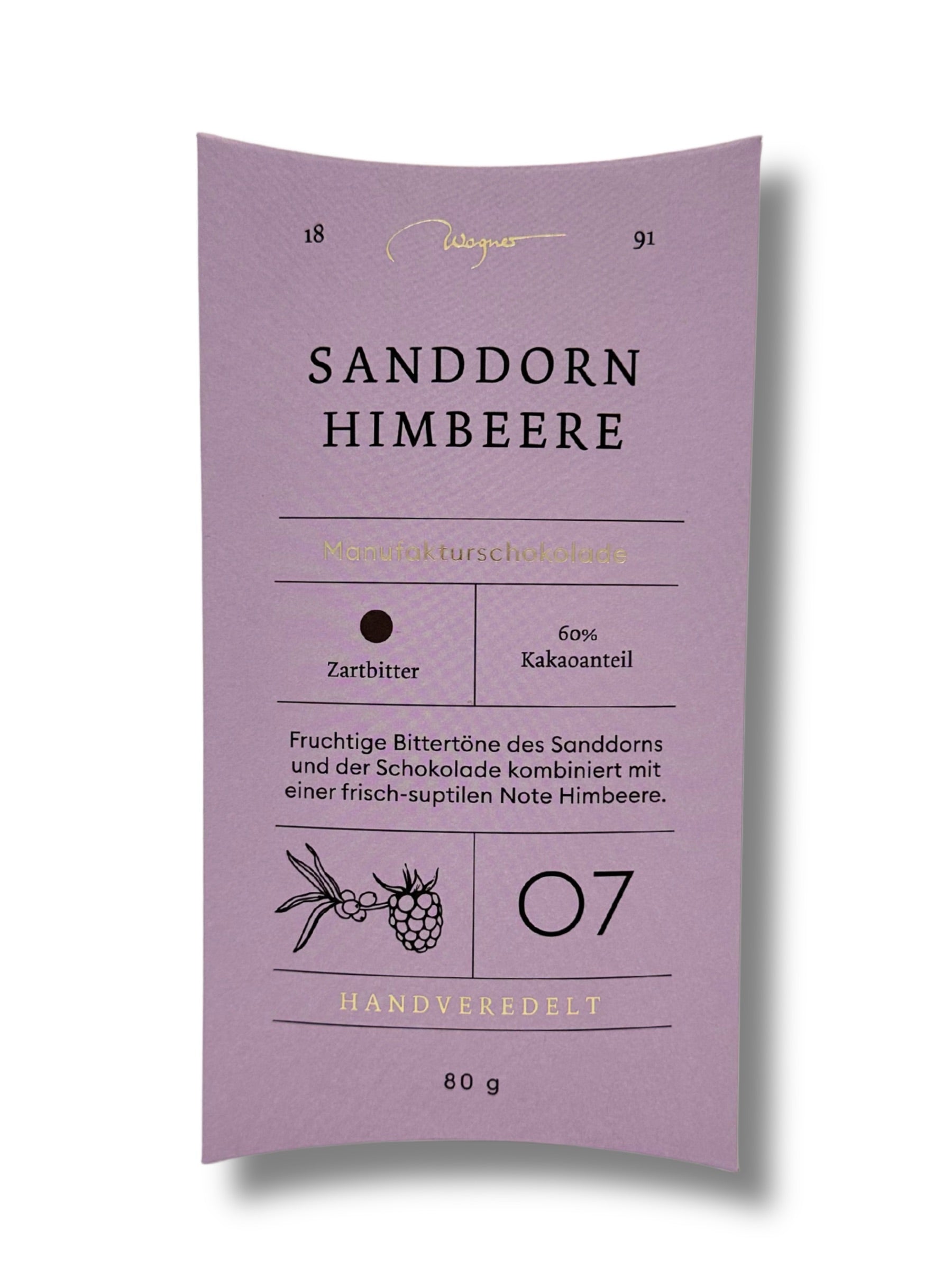 Wagner Manufakturschokolade Sanddorn Himbeere – Zartbitterschokolade mit fruchtigem Sanddorn und Himbeere, handgeschöpft, erhältlich in der Dreyer Confiserie in der Rattenfängerstadt Hameln.