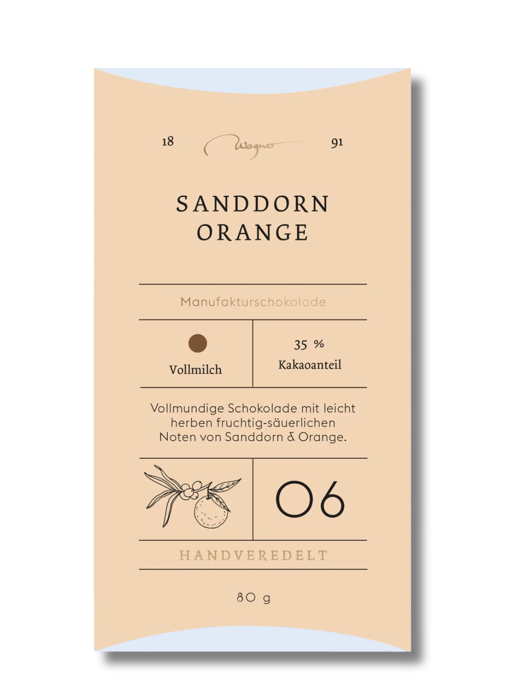 Wagner Manufakturschokolade Sanddorn Orange – Vollmilchschokolade mit fruchtigen Noten von Sanddorn und Orange, handgeschöpft, erhältlich in der Dreyer Confiserie in der Rattenfängerstadt Hameln.