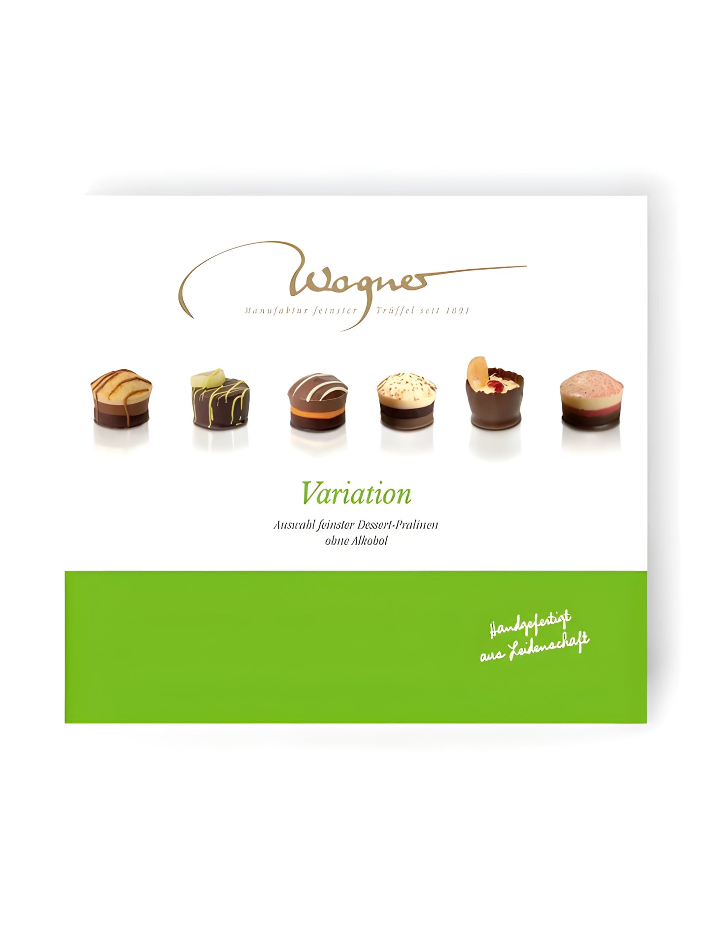 Wagner Variation Dessertpralinen ohne Alkohol 100g. Pralinenmischung aus Zartbitter-, Vollmilch- und weißer Schokolade mit Dessertfüllungen. Erhältlich in der Dreyer Confiserie aus der Rattenfängerstadt Hameln.