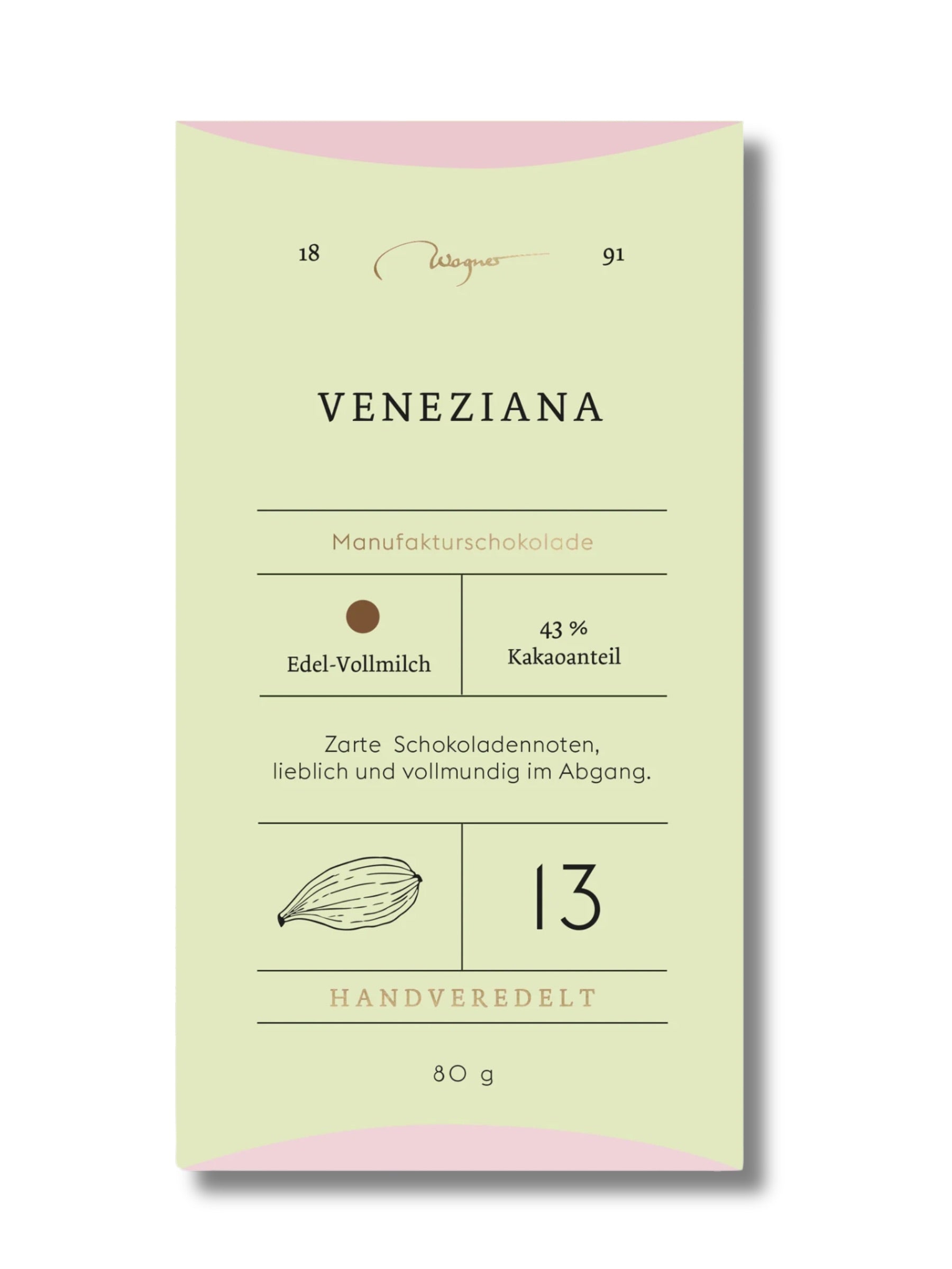 Wagner Manufakturschokolade Veneziana – Edelvollmilchschokolade mit 43 % Kakaoanteil aus Venezuela, handgeschöpft, erhältlich in der Dreyer Confiserie in der Rattenfängerstadt Hameln