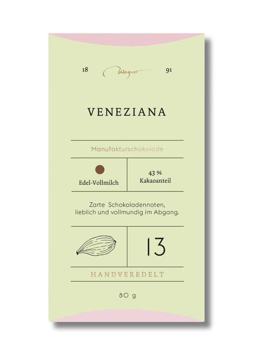 Wagner Manufakturschokolade Veneziana – Edelvollmilchschokolade mit 43 % Kakaoanteil aus Venezuela, handgeschöpft, erhältlich in der Dreyer Confiserie in der Rattenfängerstadt Hameln