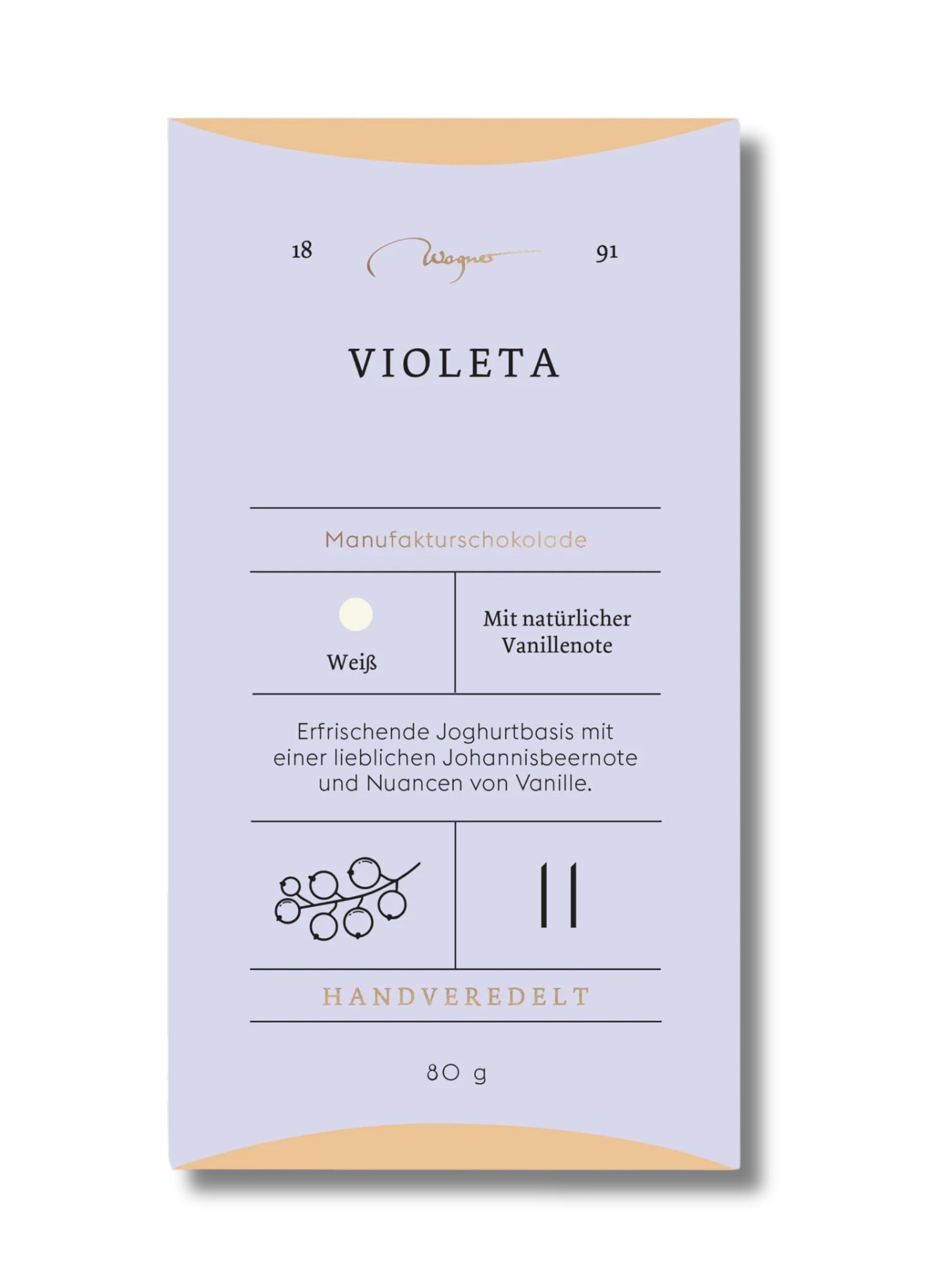 Wagner Manufakturschokolade Violeta – weiße Schokolade mit Johannisbeere und Joghurt, handgeschöpft, erhältlich in der Dreyer Confiserie in der Rattenfängerstadt Hameln.