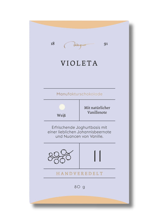 Wagner Manufakturschokolade Violeta – weiße Schokolade mit Johannisbeere und Joghurt, handgeschöpft, erhältlich in der Dreyer Confiserie in der Rattenfängerstadt Hameln.