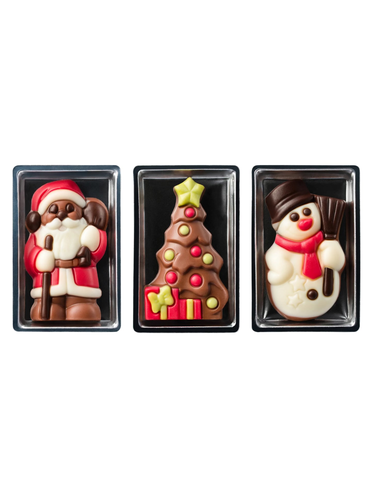 Weibler Reliefset Weihnachten sortiert 10 g – drei festliche Schokoladenreliefs aus Edelvollmilch-Schokolade in verschiedenen Motiven, einzeln verpackt, erhältlich in der Dreyer Confiserie in der Rattenfängerstadt Hameln.