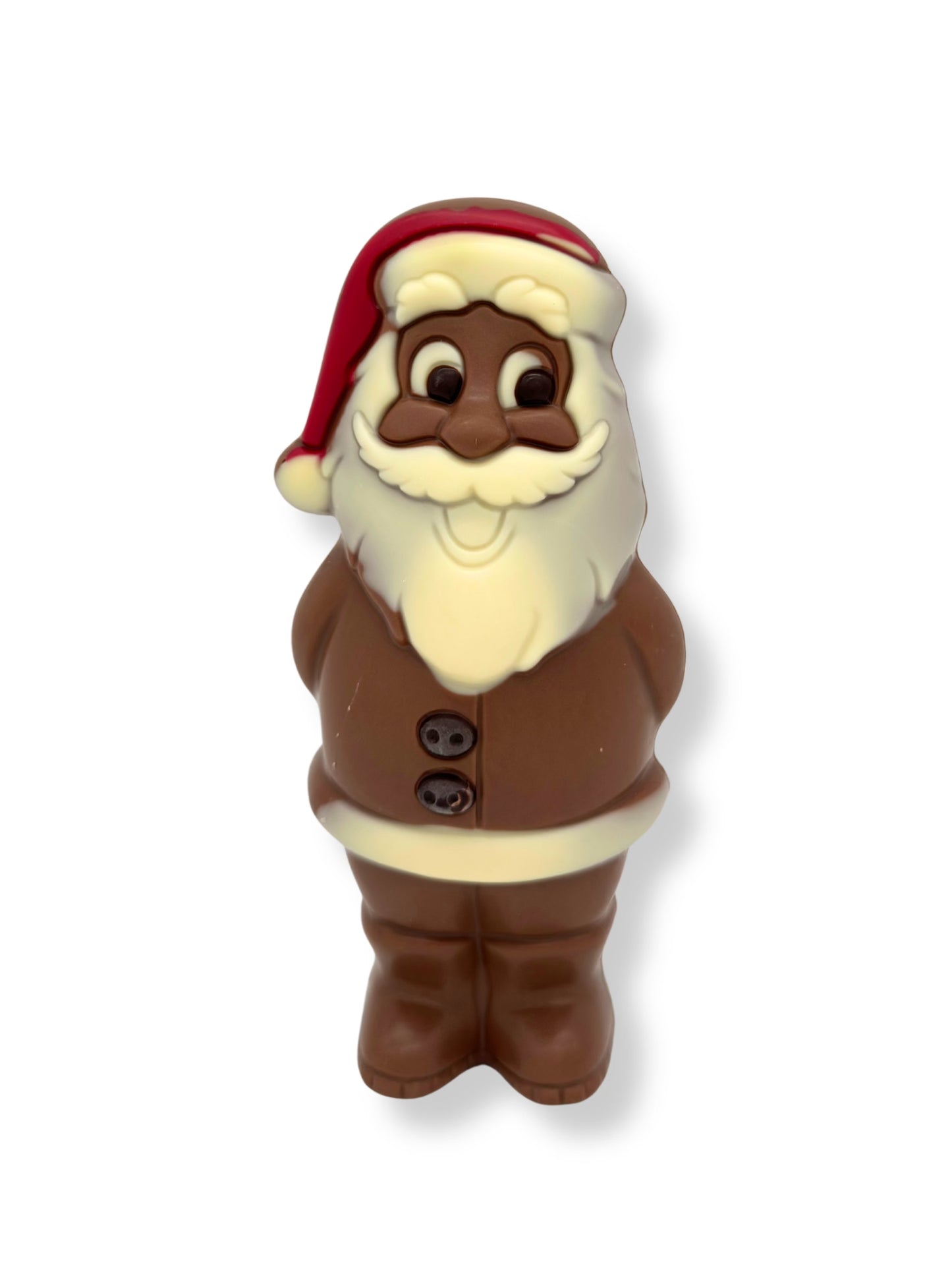 Weibler Weihnachtsmann „Robert“ 125 g, handgefertigte Schokoladenfigur aus Edelvollmilch-, Zartbitter- und Weißschokolade, erhältlich in der Dreyer Confiserie in der Rattenfängerstadt Hameln.