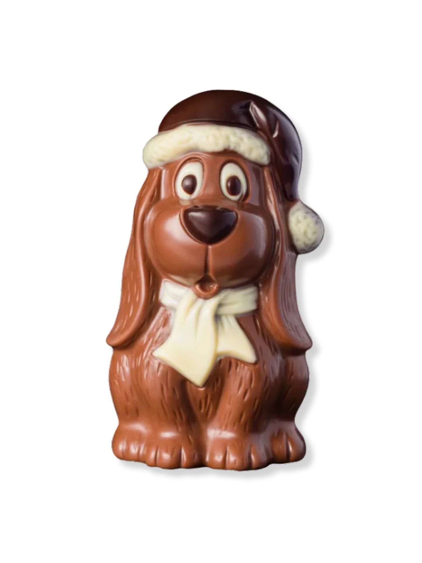 Winterhund 75g von Weibler detailreich dekorierte Schokoladenfigur aus Edelvollmilchschokolade, erhältlich in der Dreyer Confiserie in der Rattenfängerstadt Hameln.