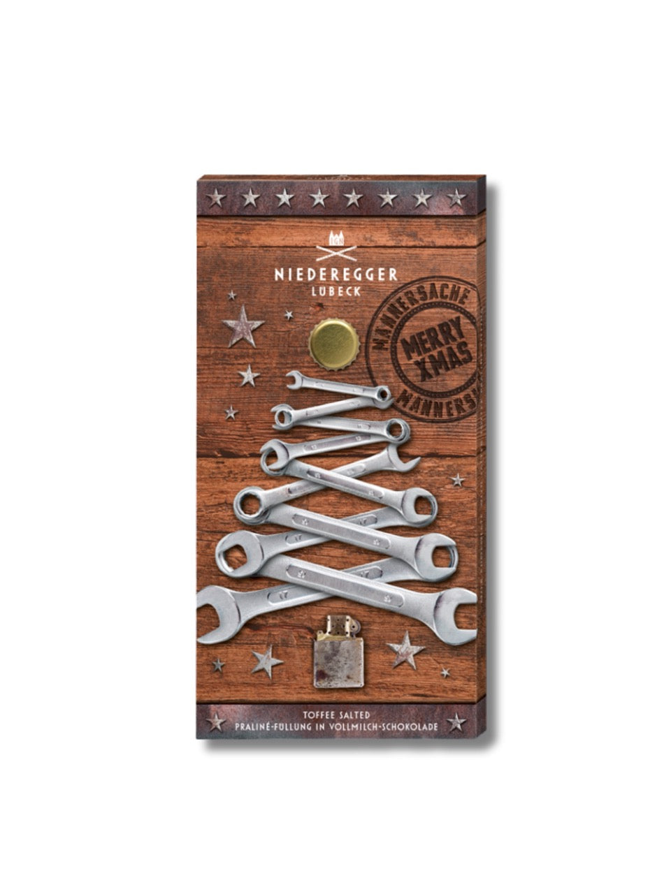 Niederegger Weihnachtsschokolade Toffee Salted Männersache 100 g – Vollmilchschokolade mit gesalzener Toffee-Praliné-Füllung, erhältlich bei Dreyer Confiserie Hameln.
