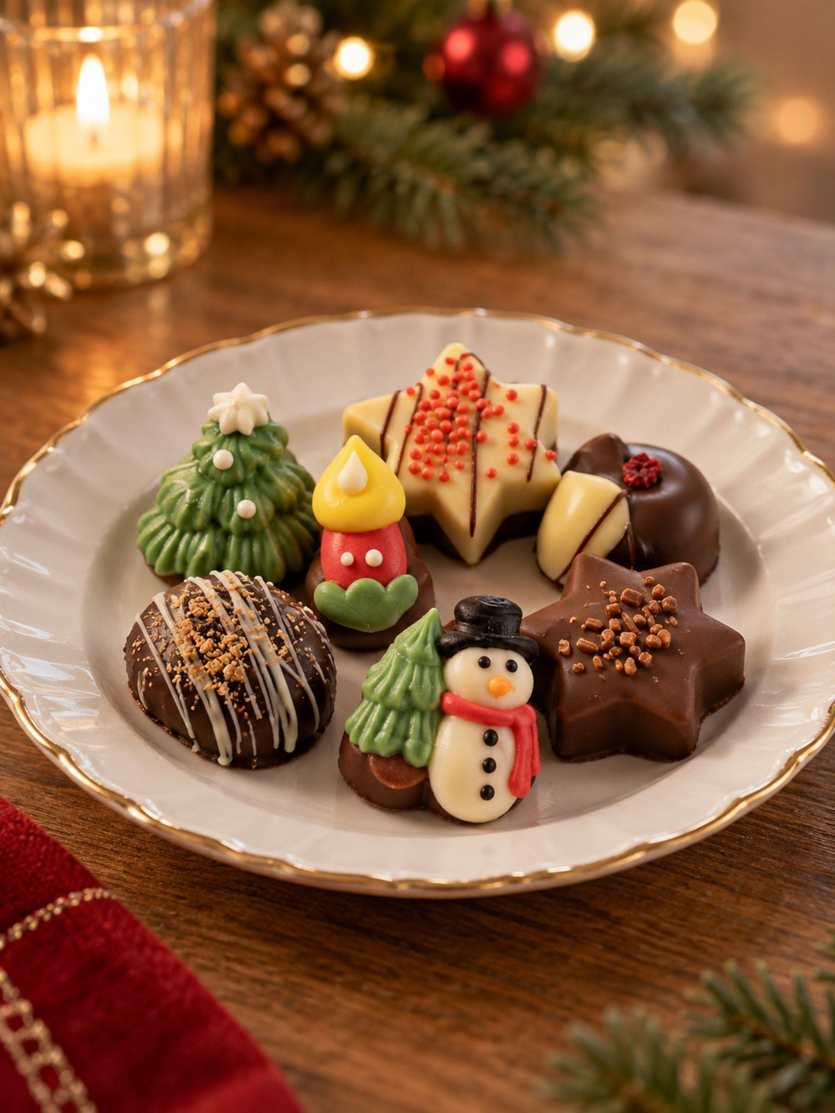 Detailbild der Weihnachtstrüffel ohne Alkohol 110g von Wagner Pralinen auf weihnachtlich geschmücktem Tisch