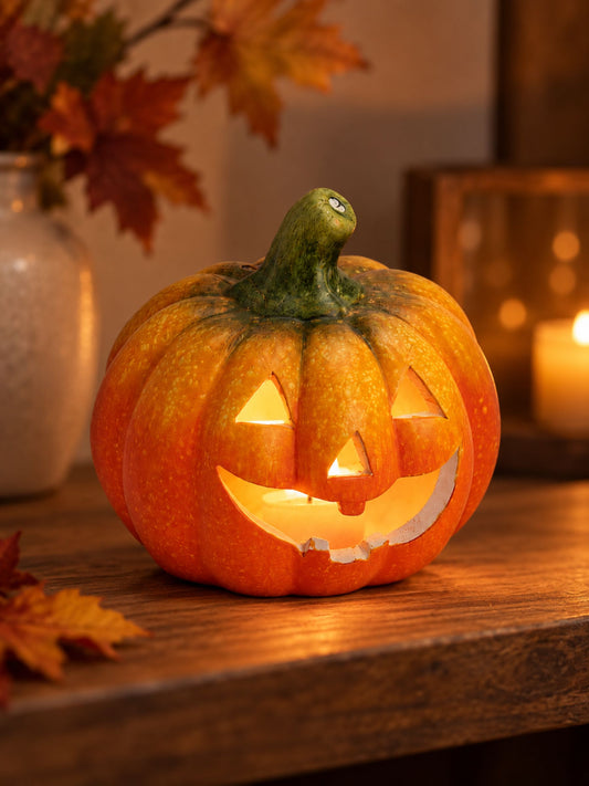 Leuchtendes Windlicht Kürbis aus Ton von G. Wurm als herbstliche Halloween-Dekoration auf einem Holztisch