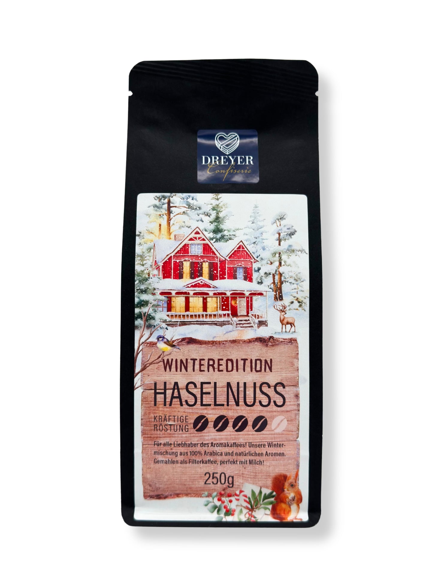 Winteredition Haselnuss Kaffee gemahlen 250g – aromatisierter 100% Arabica-Filterkaffee mit natürlichem Haselnussaroma, kräftige Röstung, erhältlich in der Dreyer Confiserie in der Rattenfängerstadt Hameln.