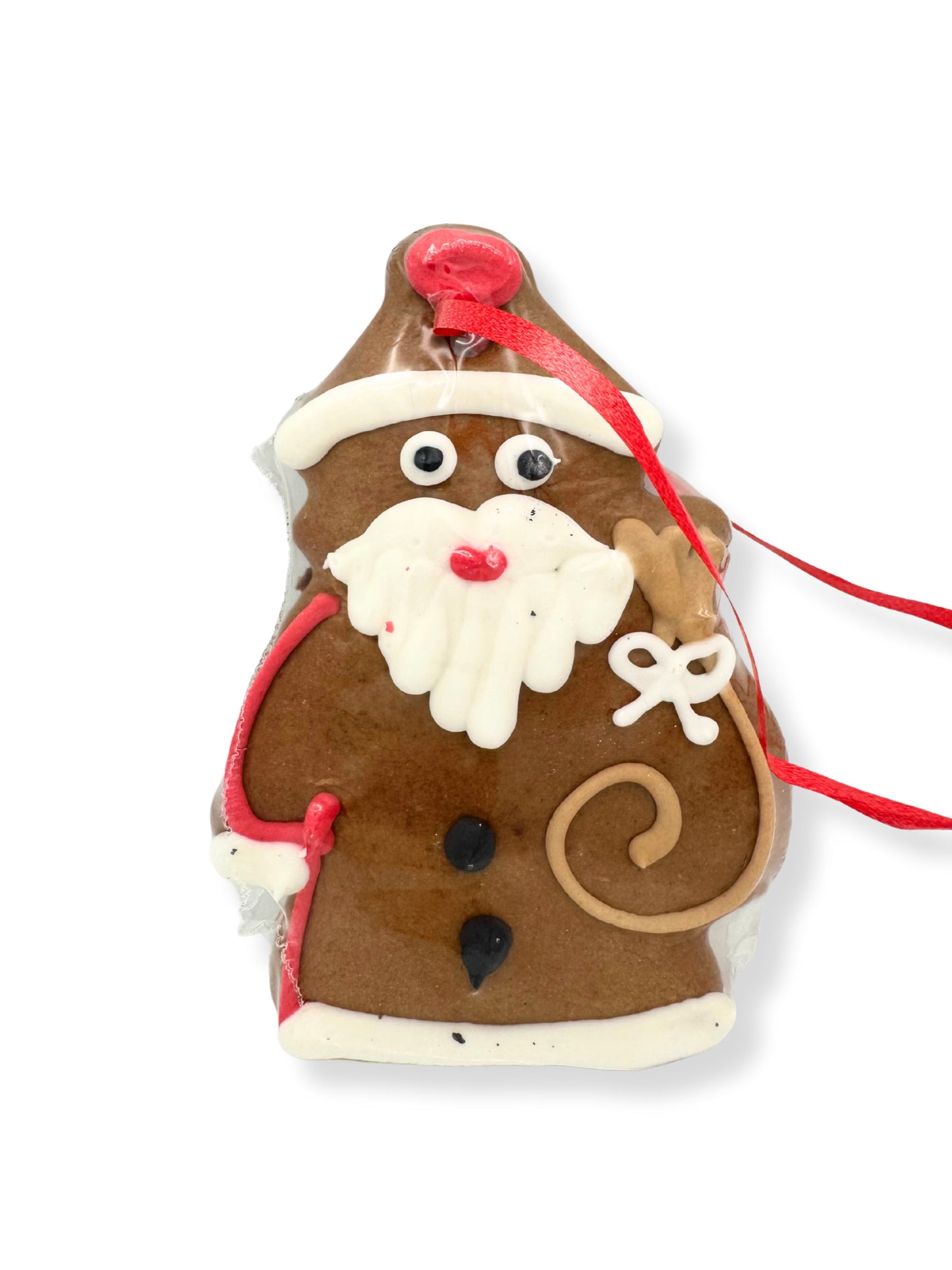 Woletz Lebkuchen-Manufaktur Lebkuchen Nikolaus 60 g, handverzierter Lebkuchen mit Zuckerglasur und roter Schleife, erhältlich in der Dreyer Confiserie in der Rattenfängerstadt Hameln.