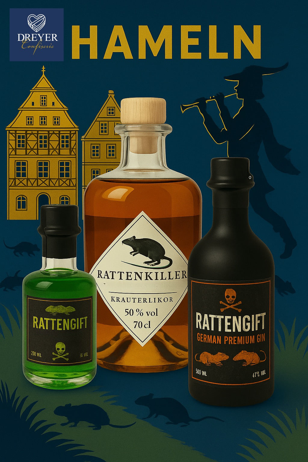 Spirituosen aus Hameln – Rattenkiller Kräuterlikör, Rattengift Apfellikör und Gin mit Rattenfänger-Motiv von Dreyer Confiserie