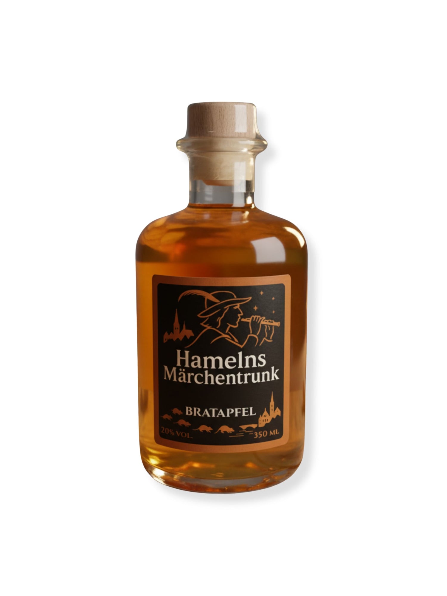 Spirituosen aus Hameln: Hamelns Märchentrunk Bratapfellikör, Eierlikör und Vanillekipferllikör sowie Rattengift Gin, Apfellikör & Rattenkiller Kräuterlikör mit Rattenfänger-Design aus der Dreyer Confiserie.