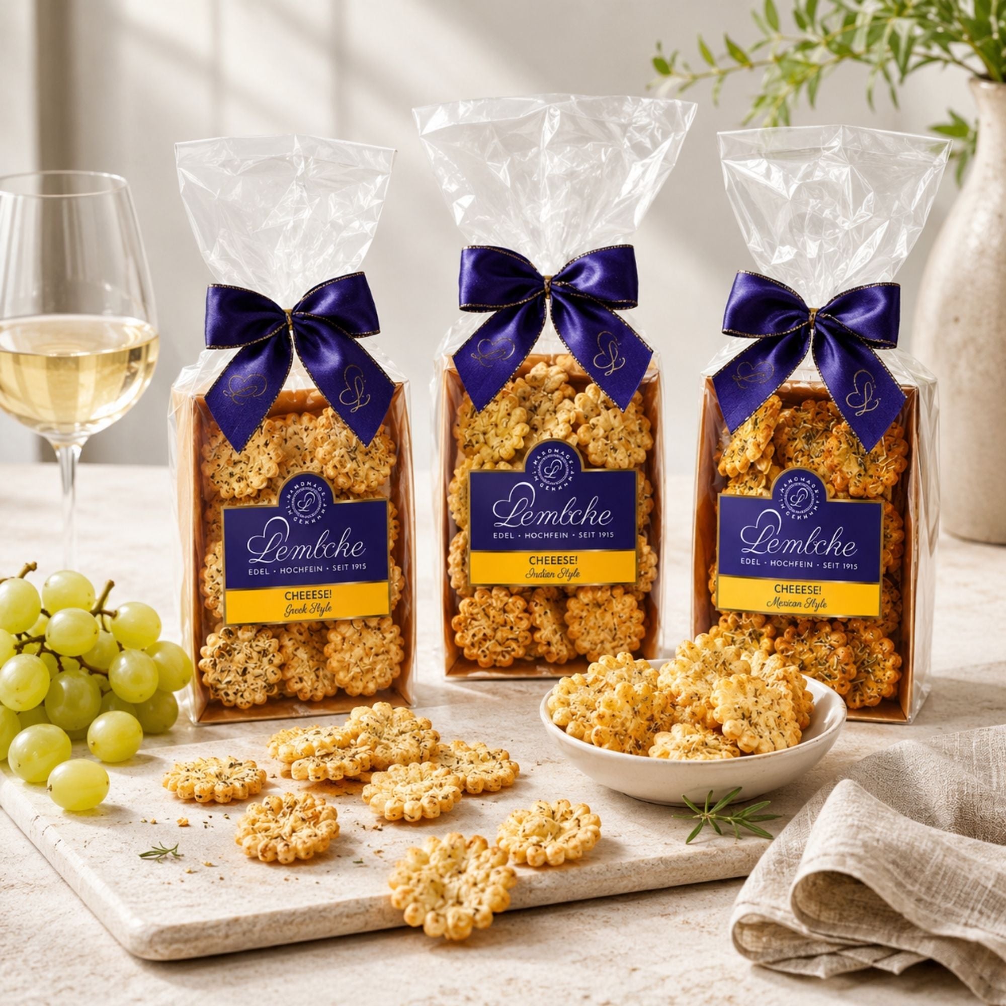 Goldbraune Käsecracker auf Holzbrett mit einem Glas Wein