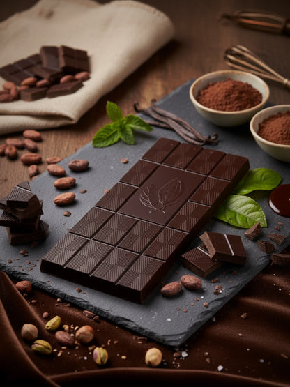Produktfoto von unserer Schokolade „Gruß aus Hameln“ Zartbitter 80 g – edle Zartbitterschokolade mit Motiv der Rattenfängerstadt Hameln, hergestellt für die Dreyer Confiserie.
