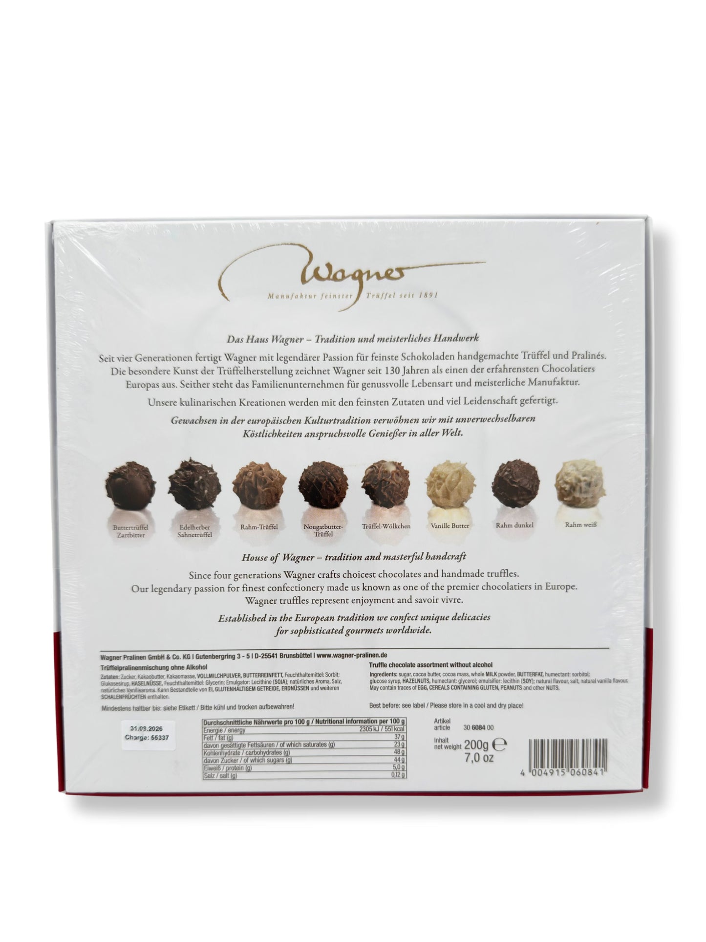 Rückseite und Inhalt von Wagner Trüffelpralinés Harmonie „Weihnachtswichtel“ 200 g, handgefertigte alkoholfreie Pralinenmischung in festlicher Geschenkverpackung, erhältlich in der Dreyer Confiserie in der Rattenfängerstadt Hameln.