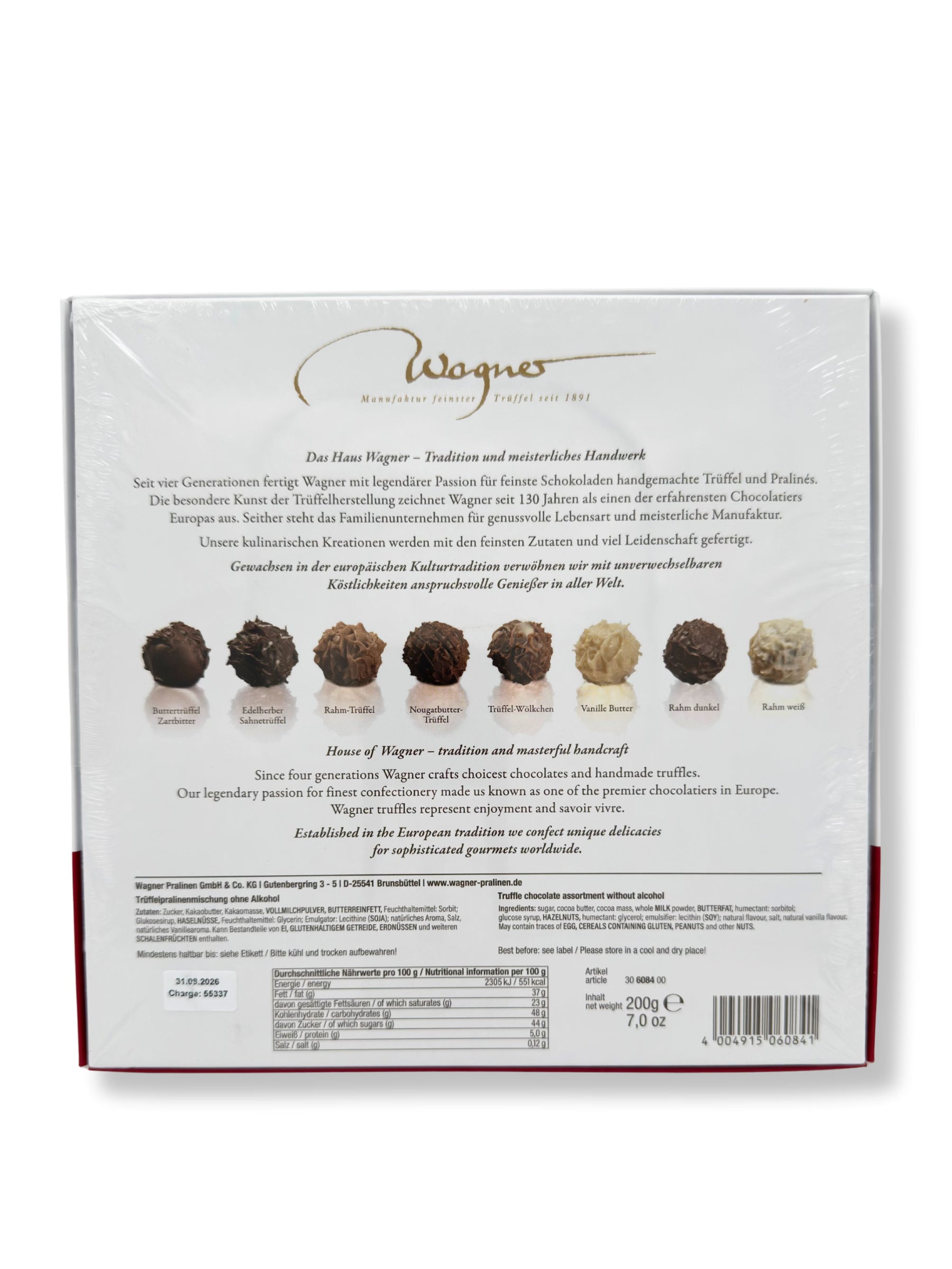 Rückseite und Inhalt von Wagner Trüffelpralinés Harmonie „Weihnachtswichtel“ 200 g, handgefertigte alkoholfreie Pralinenmischung in festlicher Geschenkverpackung, erhältlich in der Dreyer Confiserie in der Rattenfängerstadt Hameln.