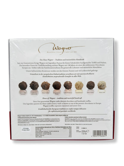 Rückseite und Inhalt von Wagner Trüffelpralinés Harmonie „Weihnachtswichtel“ 200 g, handgefertigte alkoholfreie Pralinenmischung in festlicher Geschenkverpackung, erhältlich in der Dreyer Confiserie in der Rattenfängerstadt Hameln.