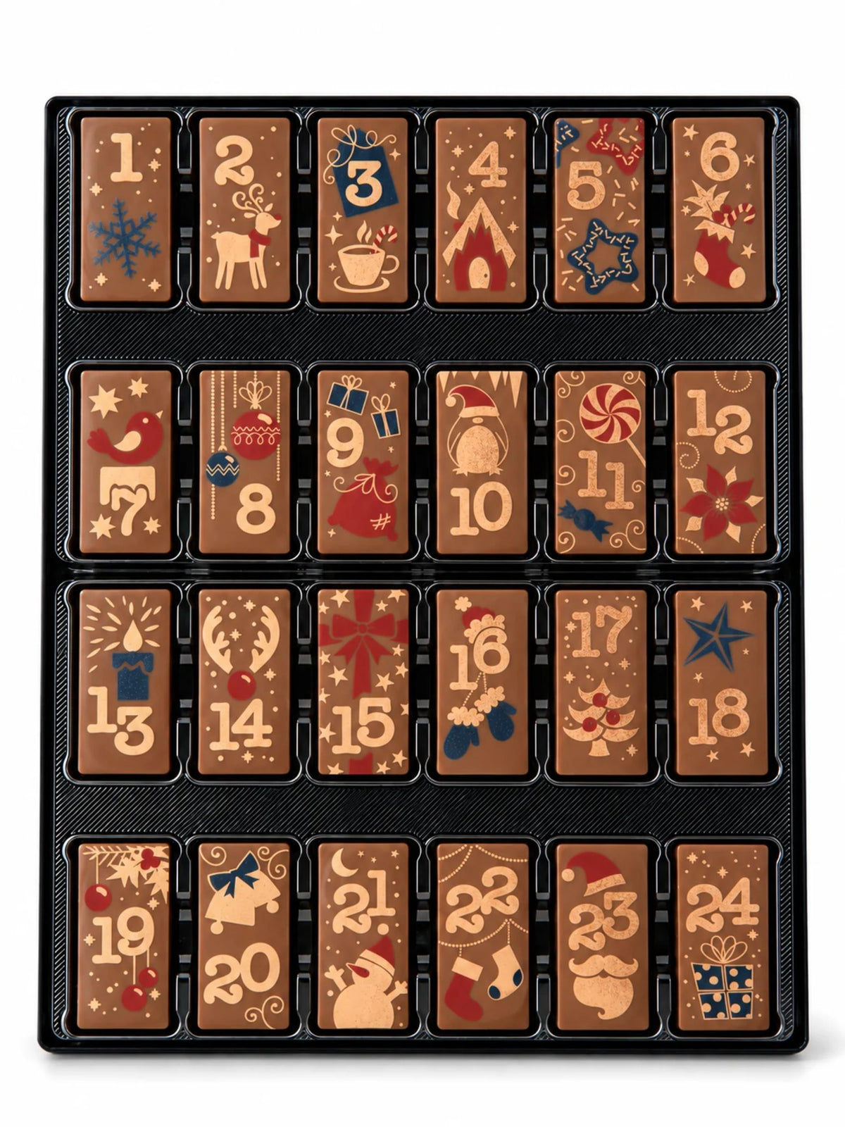 Adventskalender Domino Vollmilch 200g von Weibler mit 24 einzeln nummerierten Vollmilchschokoladen-Dominos in schwarzer Schale, verziert mit weihnachtlichen Motiven wie Rentieren, Schneeflocken, Sternen und Geschenken