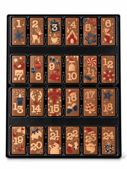 Adventskalender Domino Vollmilch 200g von Weibler mit 24 einzeln nummerierten Vollmilchschokoladen-Dominos in schwarzer Schale, verziert mit weihnachtlichen Motiven wie Rentieren, Schneeflocken, Sternen und Geschenken
