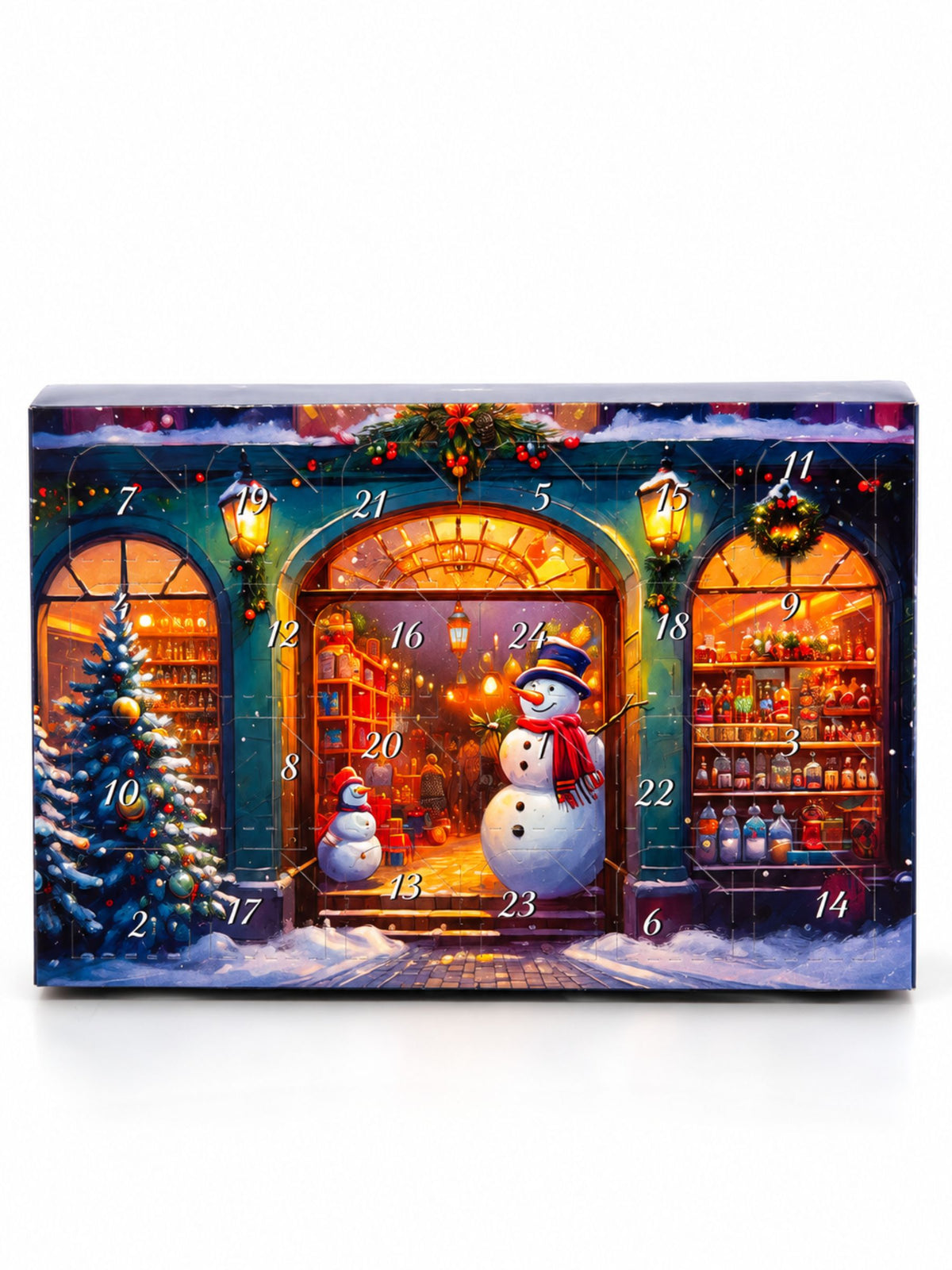 Mini-Adventskalender Schneemann Weihnachtsladen mit 17g Milchschokolade und festlicher Ladenfront