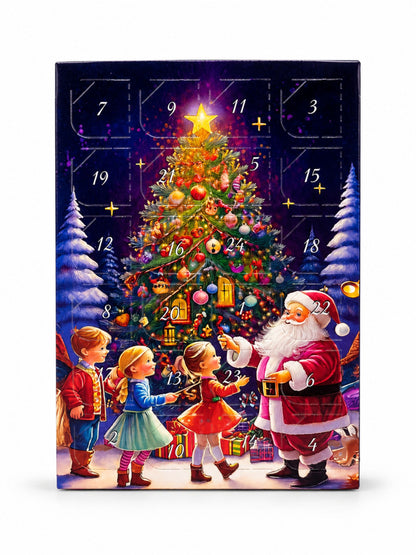 Mini-Adventskalender mit Weihnachtsmann, Kindern, Weihnachtsbaum und 17g Milchschokolade