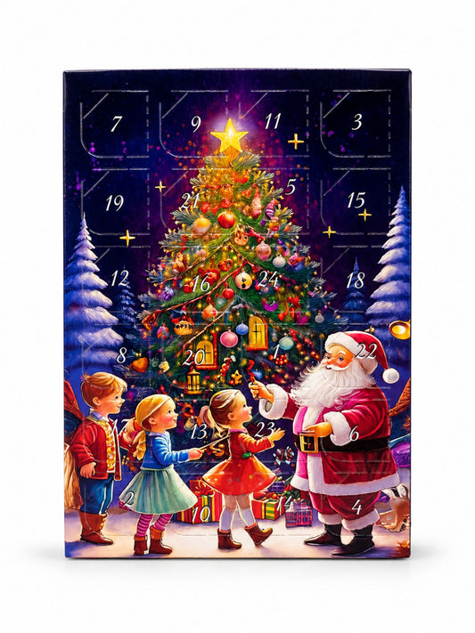Mini-Adventskalender mit Weihnachtsmann, Kindern, Weihnachtsbaum und 17g Milchschokolade