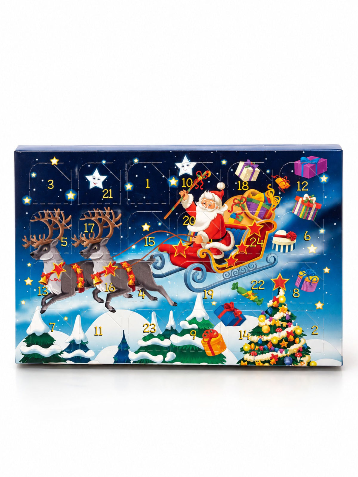 Mini-Adventskalender mit Weihnachtsmann im Rentierschlitten, zwei Rentieren und 17g Milchschokolade