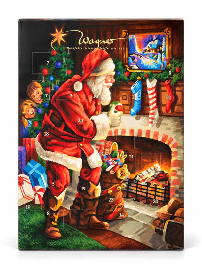 Adventskalender Weihnachtsmann 315g von Wagner Pralinen mit 24 Türchen, nostalgischem Weihnachtsmann vor Kamin, geschmücktem Weihnachtsbaum und Geschenken