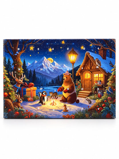 Adventskalender Winterwald im A4-Format mit 50g Milchschokolade und winterlichem Tiermotiv mit Hirsch, Hase, Bär und Pinguin