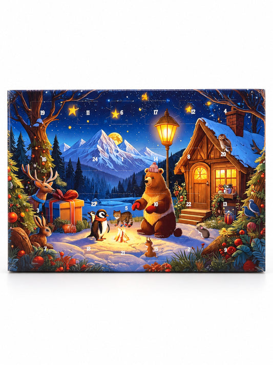Adventskalender Winterwald im A4-Format mit 50g Milchschokolade und winterlichem Tiermotiv mit Hirsch, Hase, Bär und Pinguin