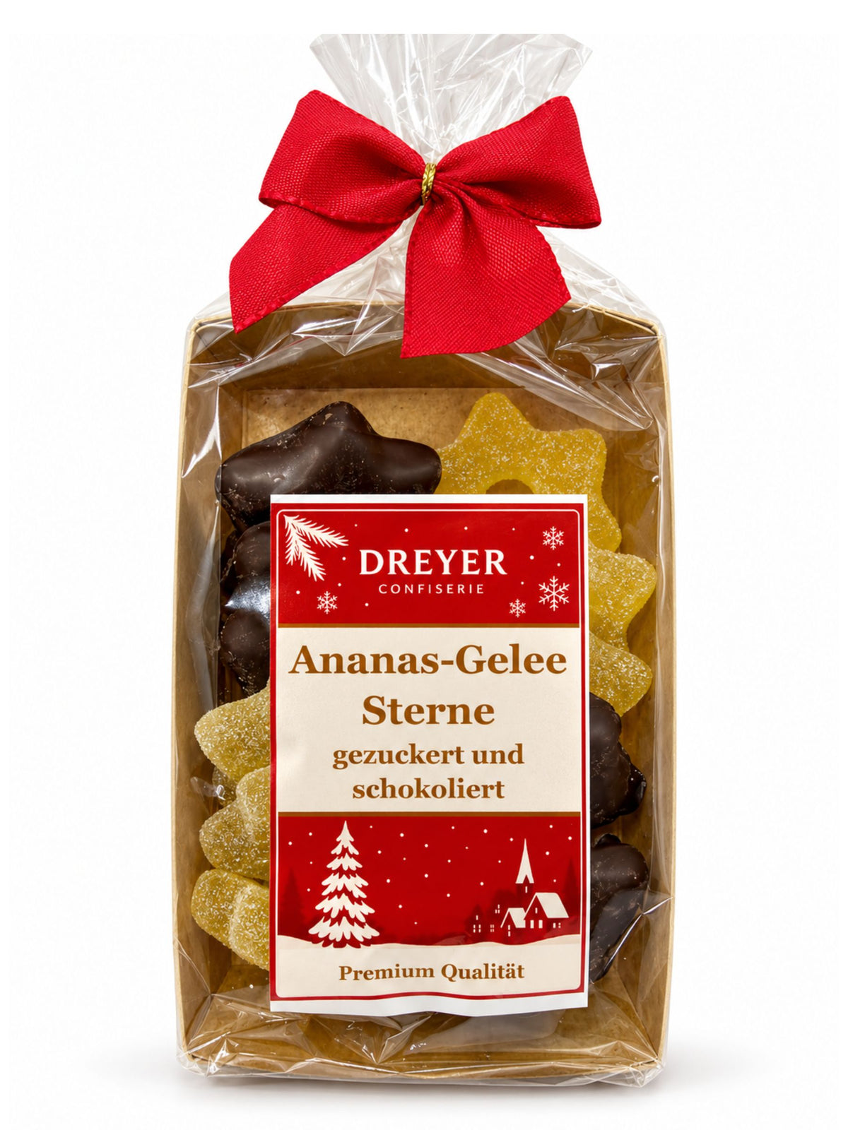 Ananas-Gelee-Sterne gezuckert und schokoliert 150g von Dreyer Confiserie in weihnachtlicher Verpackung
