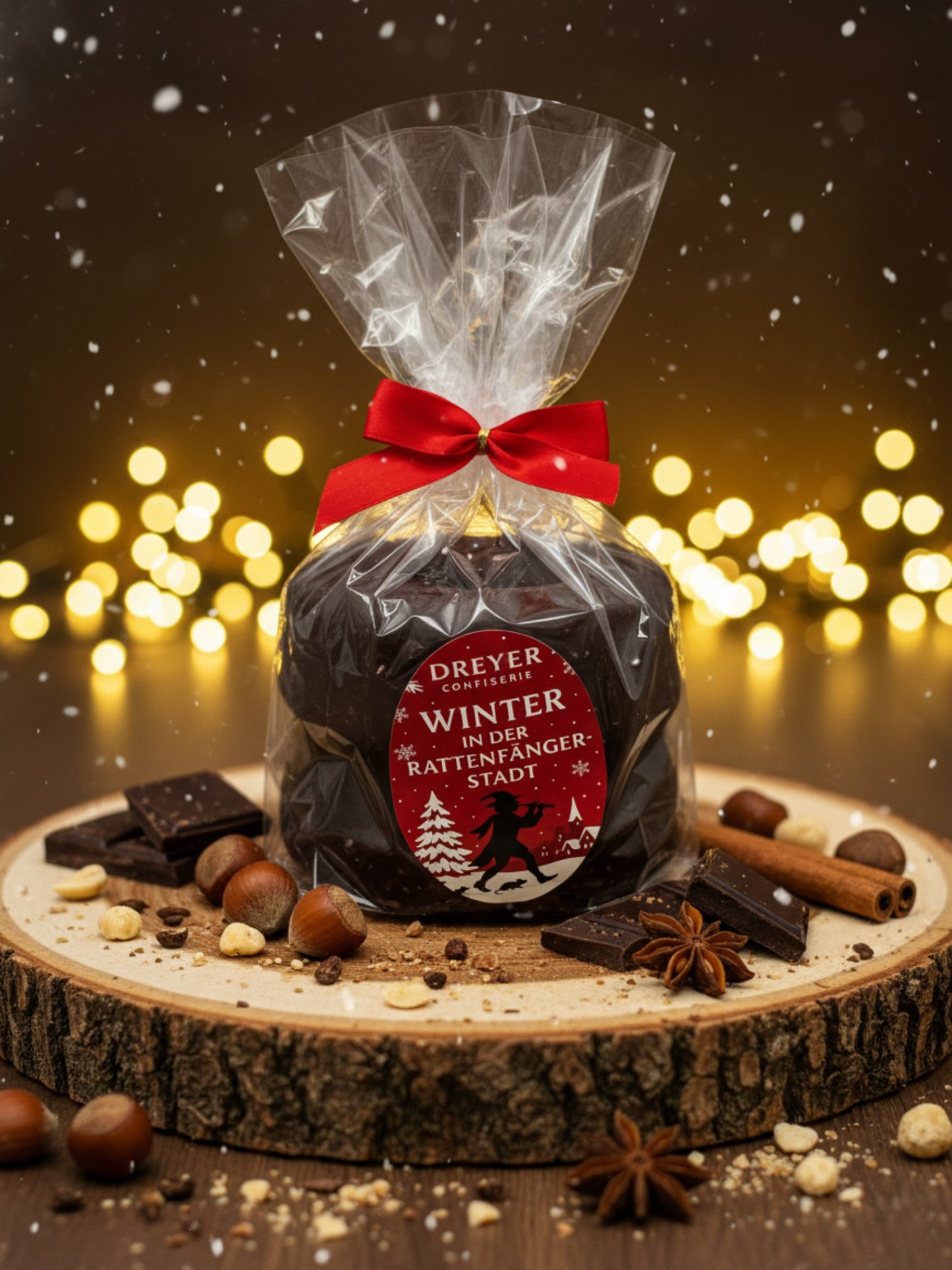 Baumkuchen-Ring Zartbitter 300g – festlich verpackter Baumkuchen mit Etikett „Winter in der Rattenfängerstadt“, erhältlich in der Dreyer Confiserie in Hameln.