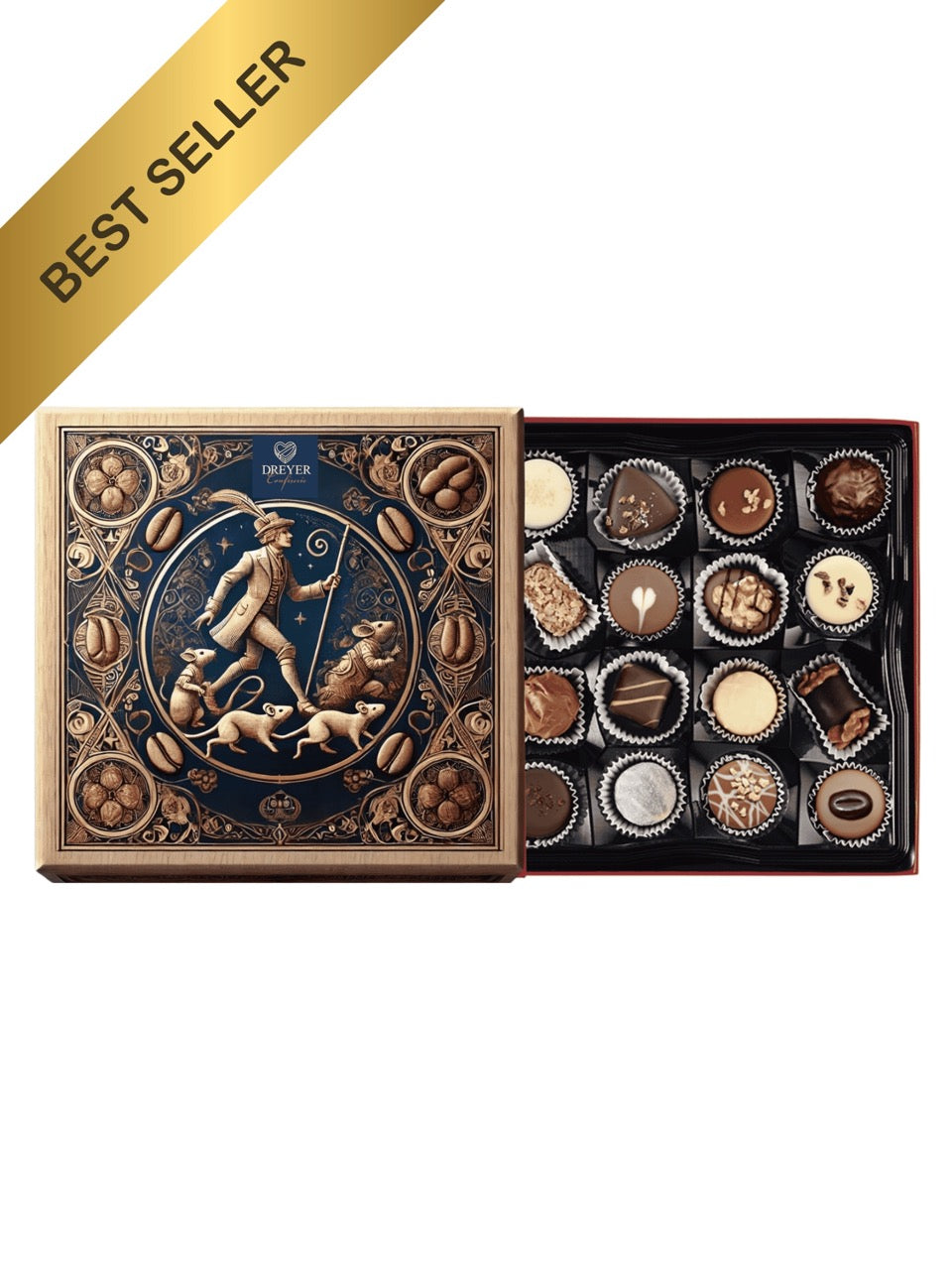 Exklusive Pralinen-Auslese mit Alkohol – in edler Geschenkverpackung mit Rattenfänger-Motiv, erhältlich bei der Confiserie Dreyer in Hameln.