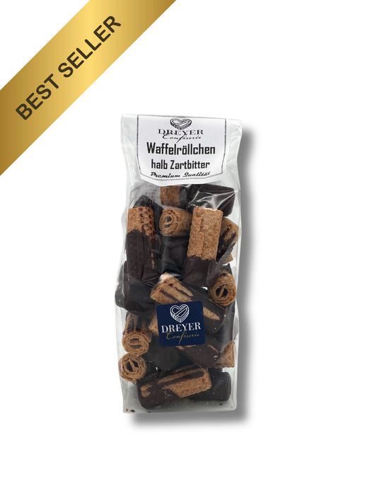 Dreyer Confiserie Waffelröllchen Zartbitter – Schokoladengebäck aus Hameln. 