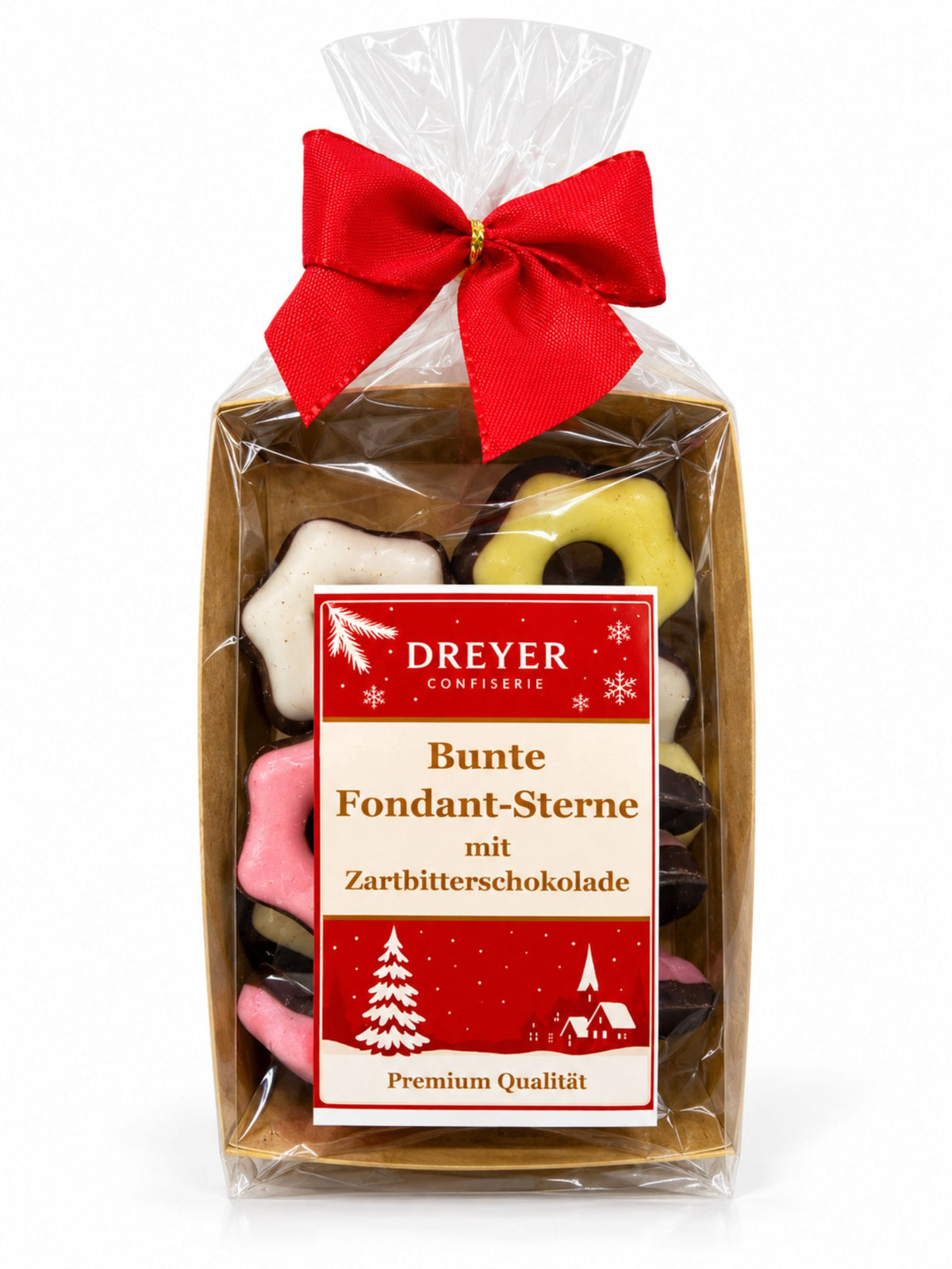 Bunte Fondant-Sterne mit Zartbitterschokolade 150g von Dreyer Confiserie in weihnachtlicher Verpackung