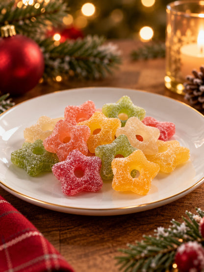 Bunte gezuckerte Gelee-Sterne von Dreyer Confiserie in festlicher Weihnachtsdekoration