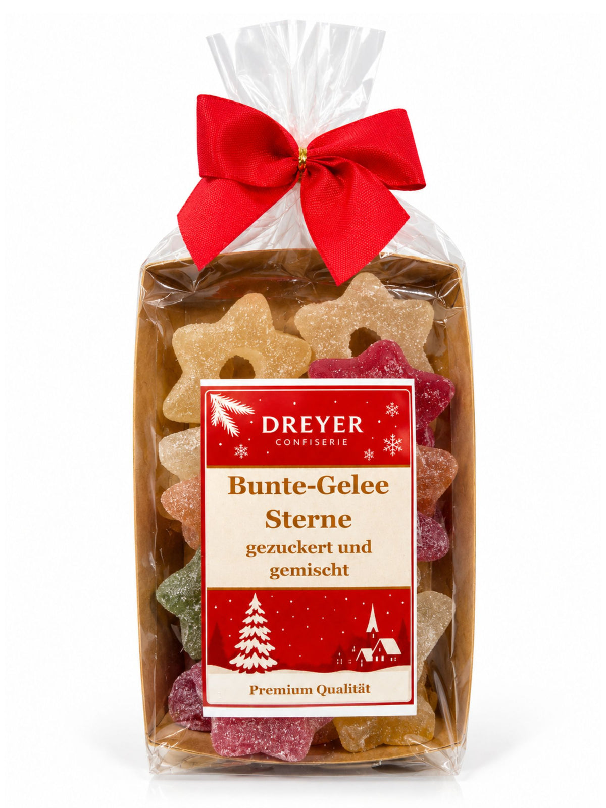 Bunte Gelee-Sterne gezuckert 150g von Dreyer Confiserie in weihnachtlicher Verpackung