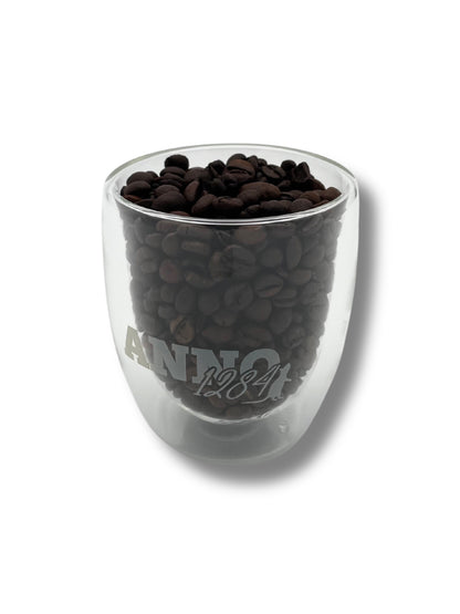 Doppelwandiges Cappuccino-Glas mit Rattenfänger-Motiv aus Hameln für stilvollen Kaffeegenuss.