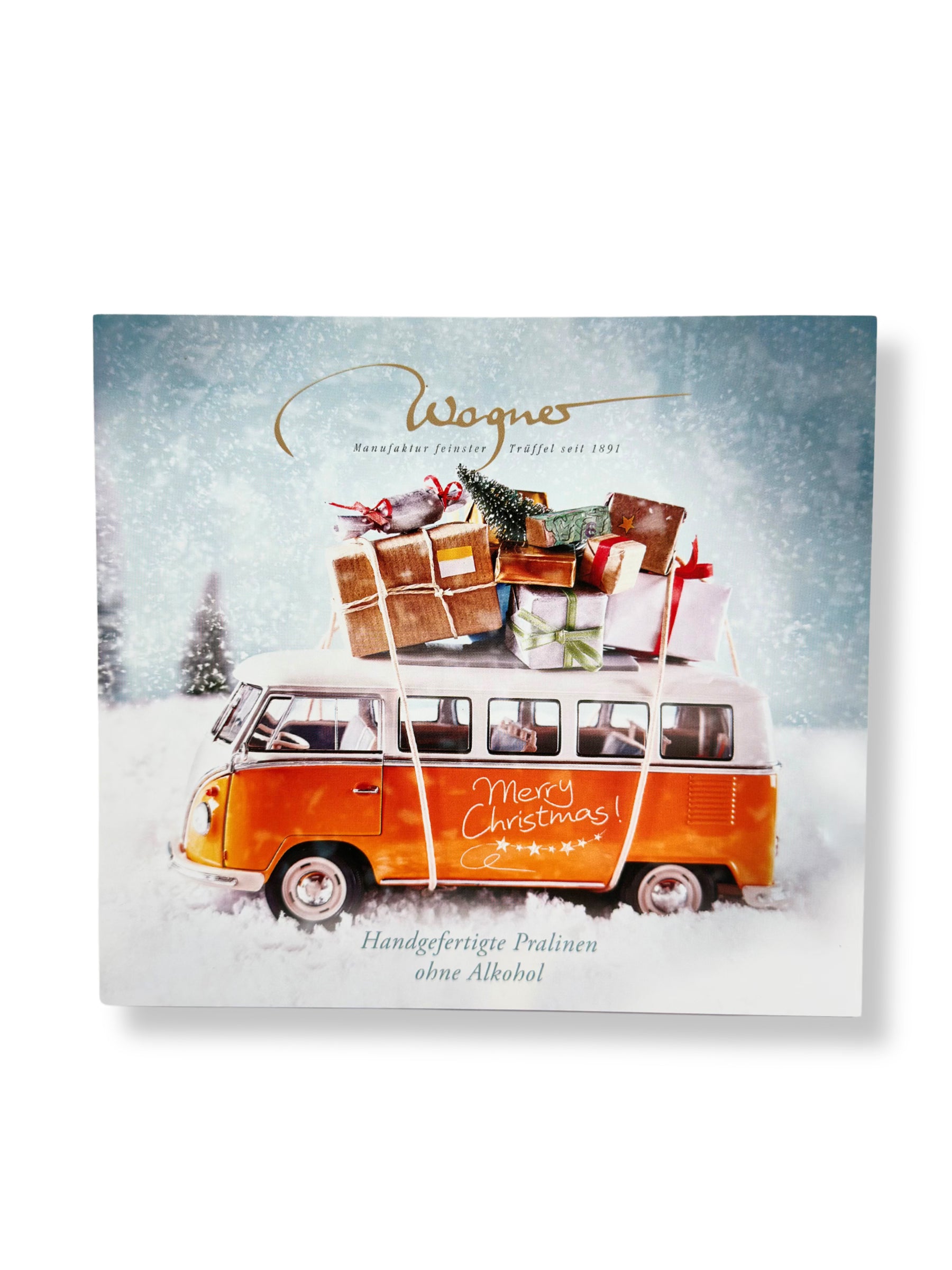 Wagner Trüffelpralinés Harmonie Merry Christmas Bulli 100 g, handgefertigte alkoholfreie Pralinenmischung in edler Geschenkbox mit VW-Bulli-Weihnachtsmotiv, erhältlich in der Dreyer Confiserie in der Rattenfängerstadt Hameln.