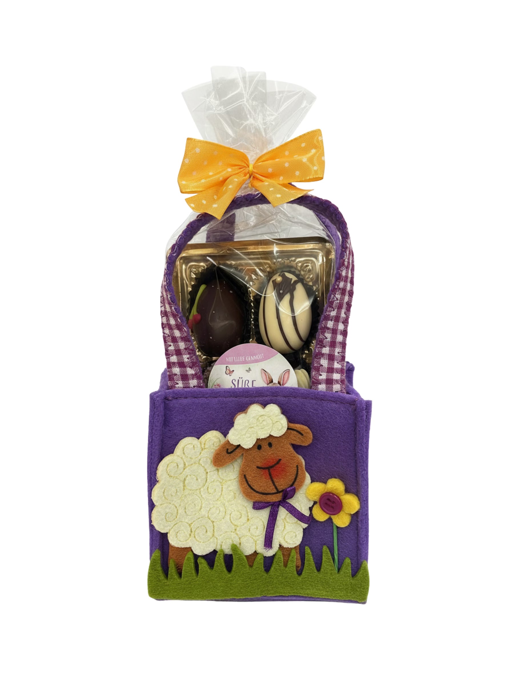 Confiserie Rabbel Filztasche Schaf 120g mit alkoholfreien Pralineneiern zur Osterzeit bei Dreyer Confiserie Hameln