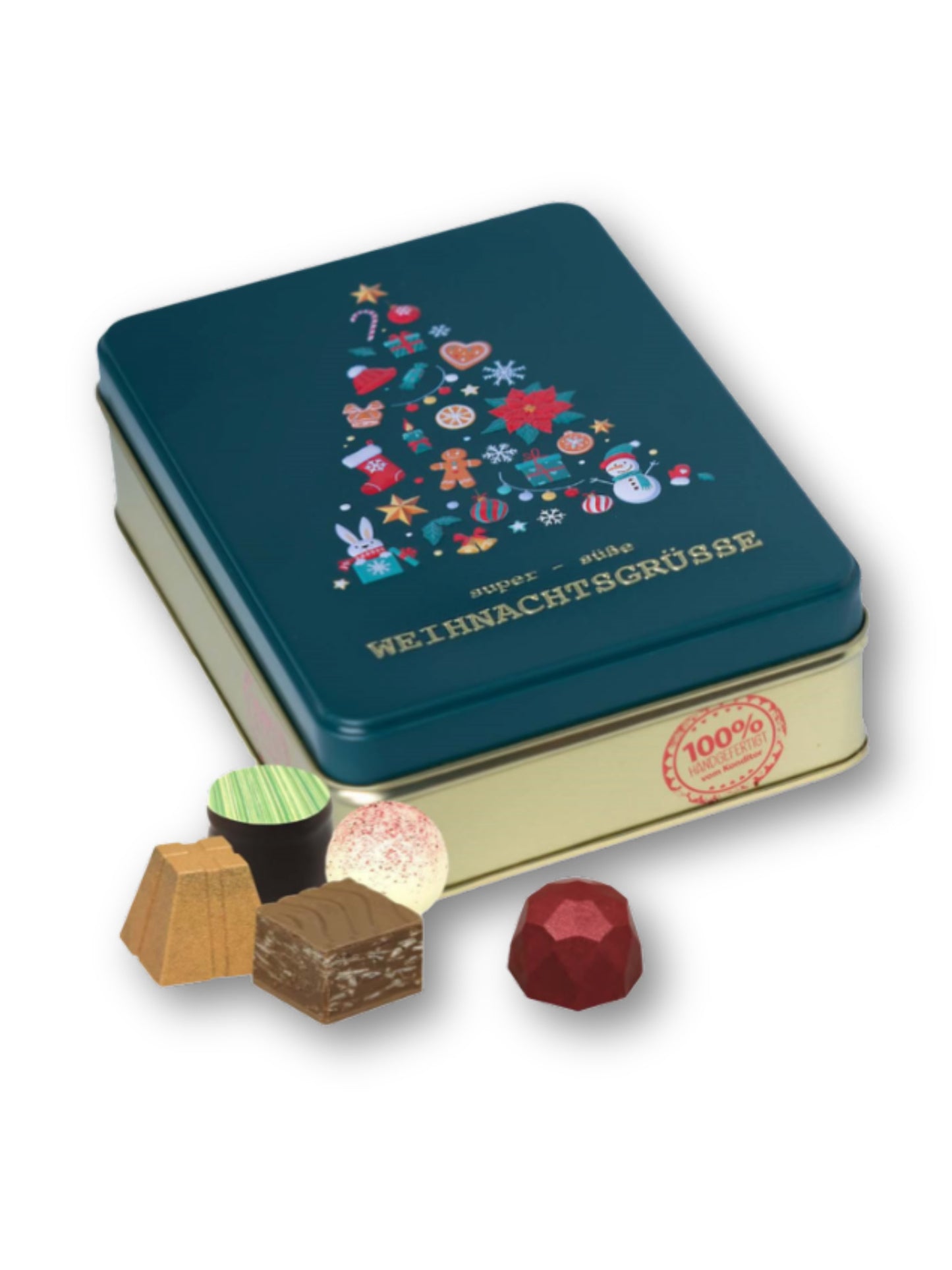 Confiserie Rabbel Präsentdose „Süßer Baum“ 75 g – feine Auswahl edler Pralinen und Trüffel ohne Alkohol in weihnachtlicher Metalldose, erhältlich in der Dreyer Confiserie in der Rattenfängerstadt Hameln.