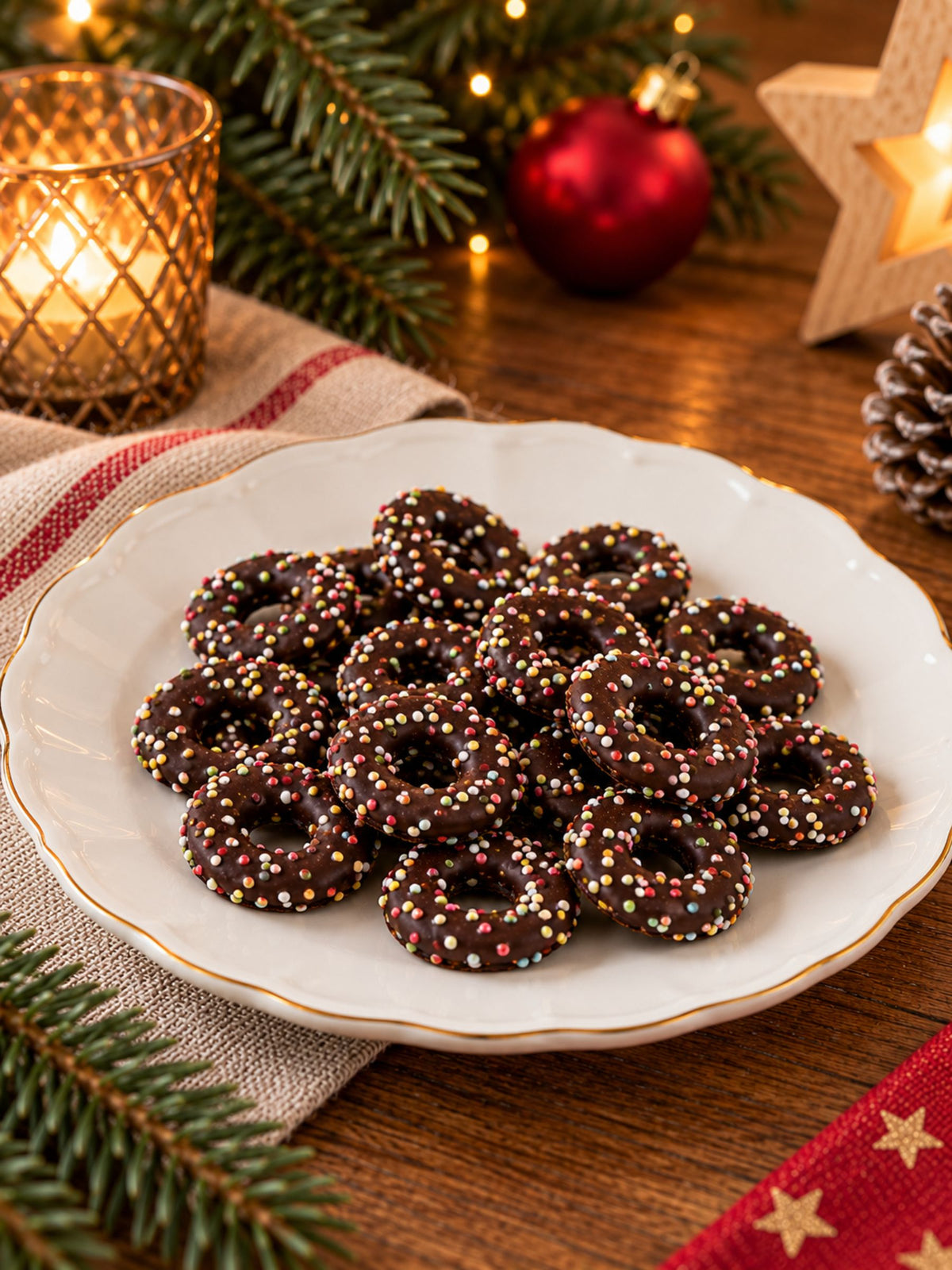 Creme-Ringe mit Zartbitterschokolade von Dreyer Confiserie in festlicher Weihnachtsdekoration