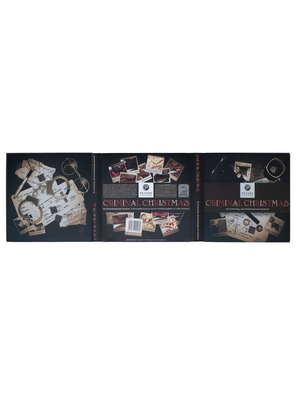 Aufgeklappter Criminal Christmas Die Verschwörung Adventskalender 255g von PETERS Pralinen mit Rückseite, Produktinformationen, Zutaten und kriminalistischen Ermittlungsunterlagen