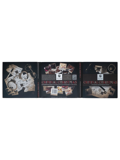 Aufgeklappter Criminal Christmas Die Verschwörung Adventskalender 255g von PETERS Pralinen mit Rückseite, Produktinformationen, Zutaten und kriminalistischen Ermittlungsunterlagen