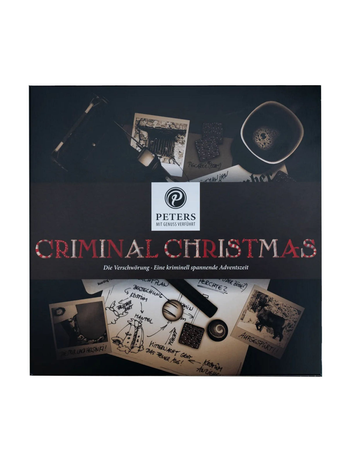 Criminal Christmas Die Verschwörung Adventskalender 255g von PETERS Pralinen mit schwarzem Krimi-Design, Ermittlungsfotos, Notizen und Schriftzug „Criminal Christmas“