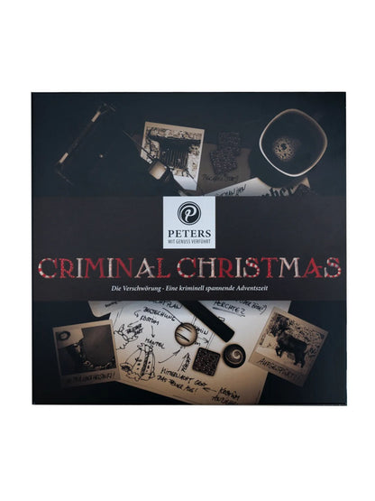 Criminal Christmas Die Verschwörung Adventskalender 255g von PETERS Pralinen mit schwarzem Krimi-Design, Ermittlungsfotos, Notizen und Schriftzug „Criminal Christmas“