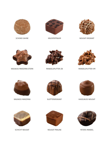 Übersicht der 12 Pralinensorten im Adventskalender Das zauberhafte Adventszeitlädchen 300g von PETERS Pralinen mit Nougat, Marzipan, Krokant, Mandelsplittern und Schokoladenpralinen